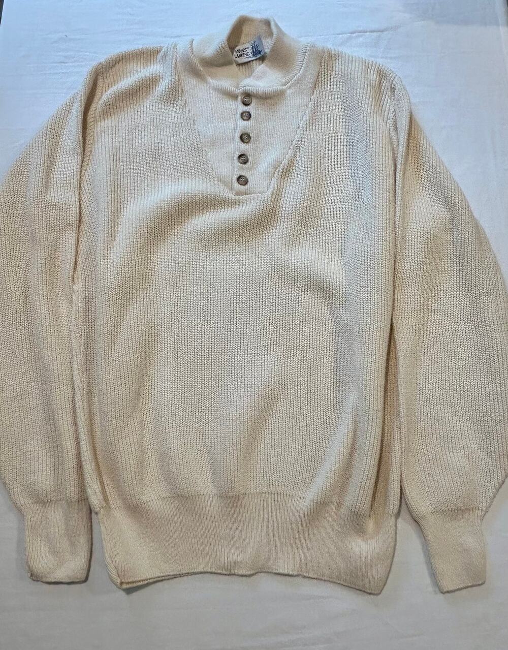 VTG 80s Penns Landing Cream Knit Button Henley Grandpa Sweater Made in USA
